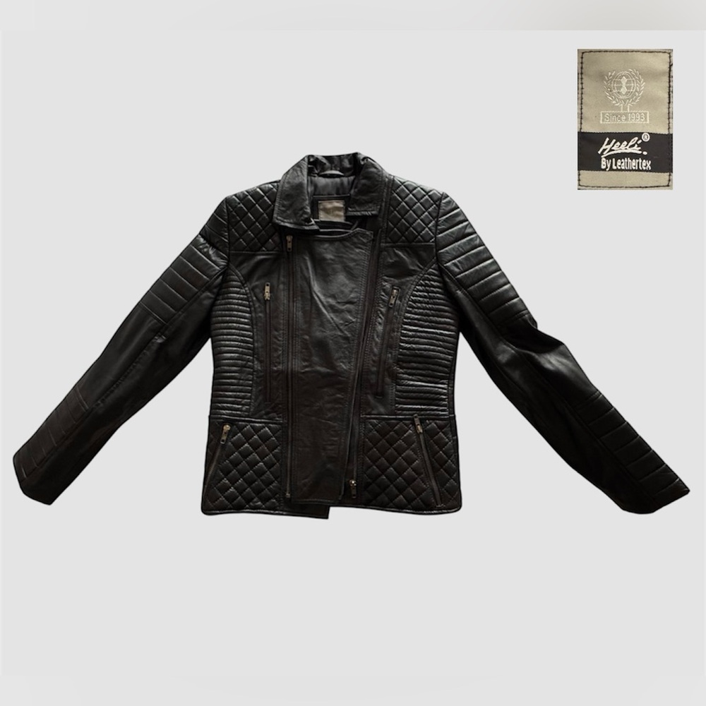 Heeli By Leathertex Women's Genuine Leather Quilted Motorcycle Jacket - Picture 2 of 8